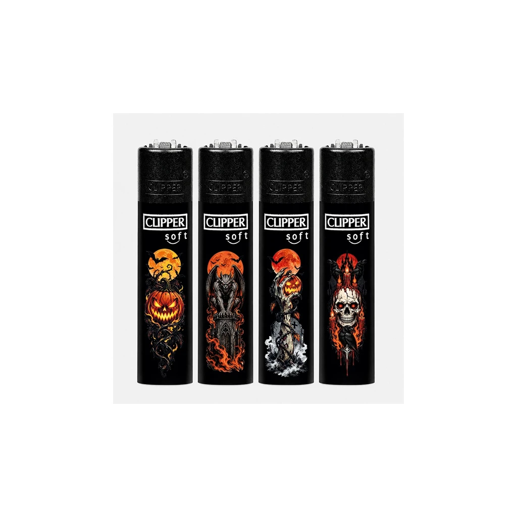 Selección de encendedores Clipper negros con distintos diseños de Halloween: calabazas, criaturas aladas, calaveras y llamas.
