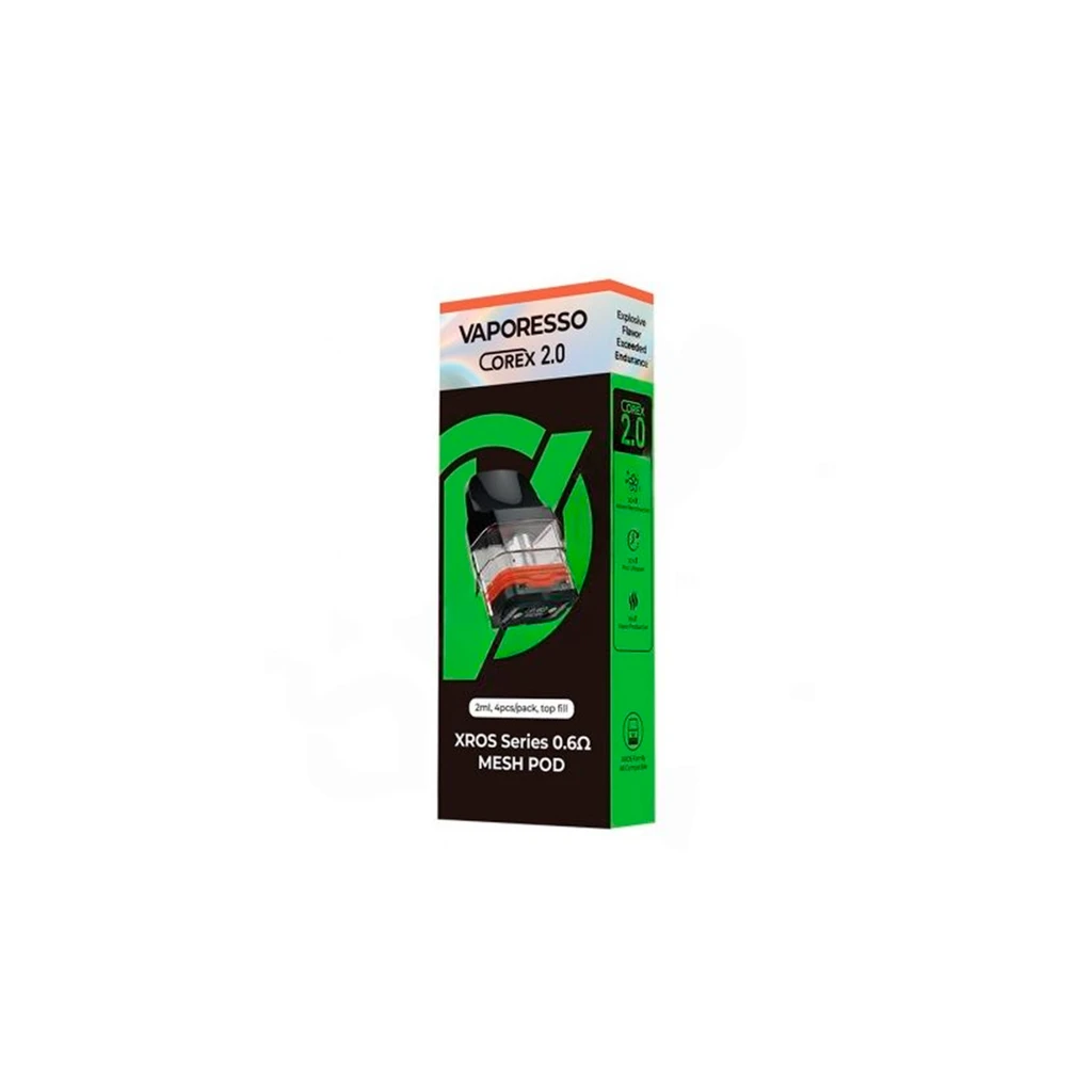 Caja verde y negra Vaporesso COREX 2.0, con un pod ilustrado y las indicaciones XROS Series 0,6 Ω y 2 ml.