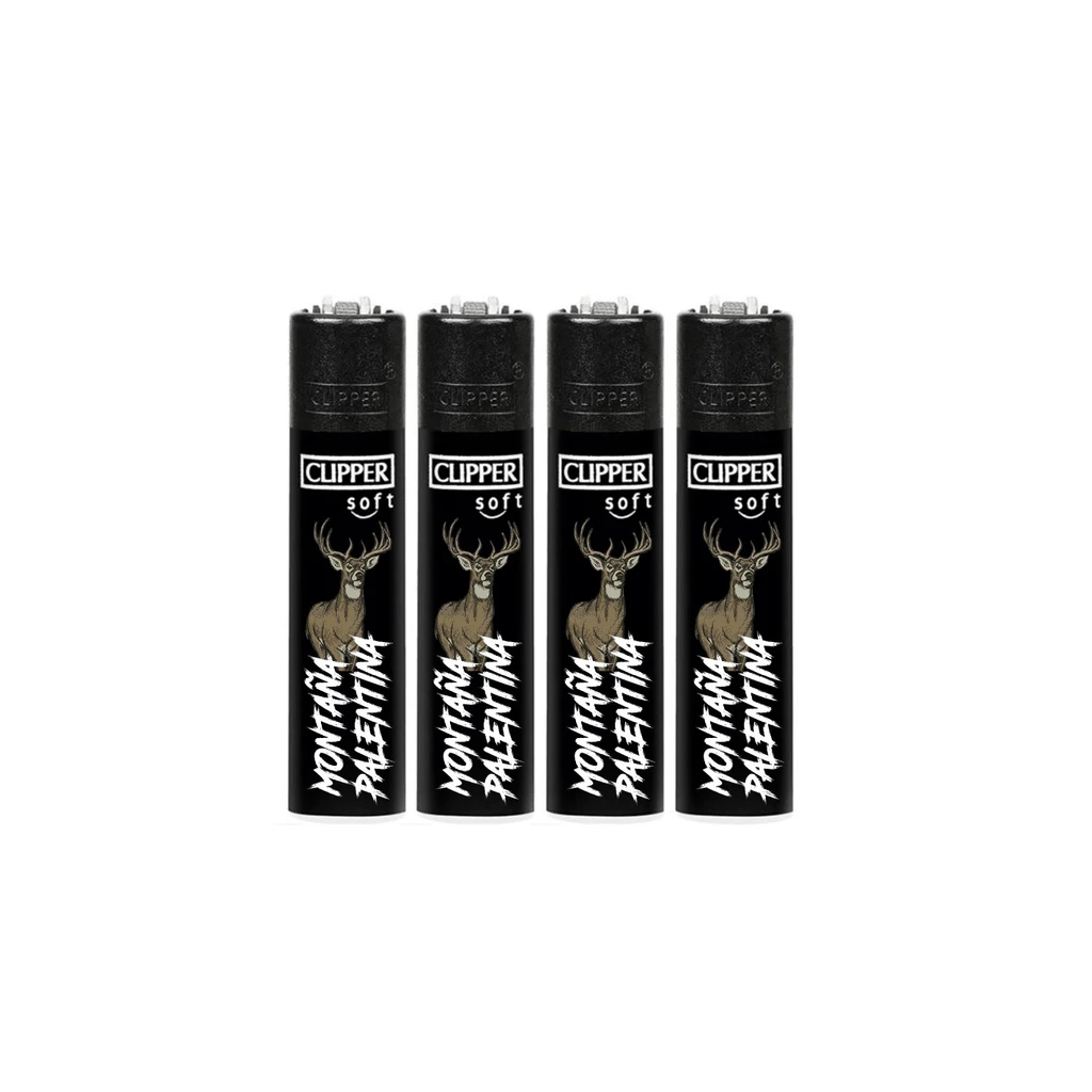 Varios encendedores Clipper negros alineados, con dibujo de un ciervo y el texto blanco «Montaña Palentina» sobre fondo blanco.