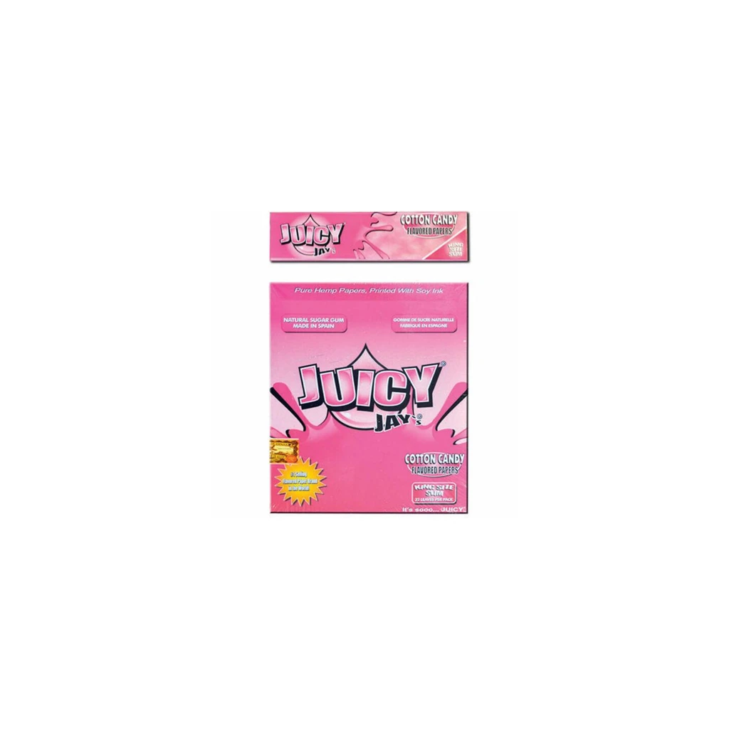 Estuche y caja rosa de papel de fumar Juicy Jays Slim Algodón de Azúcar, vistos de frente sobre fondo blanco.