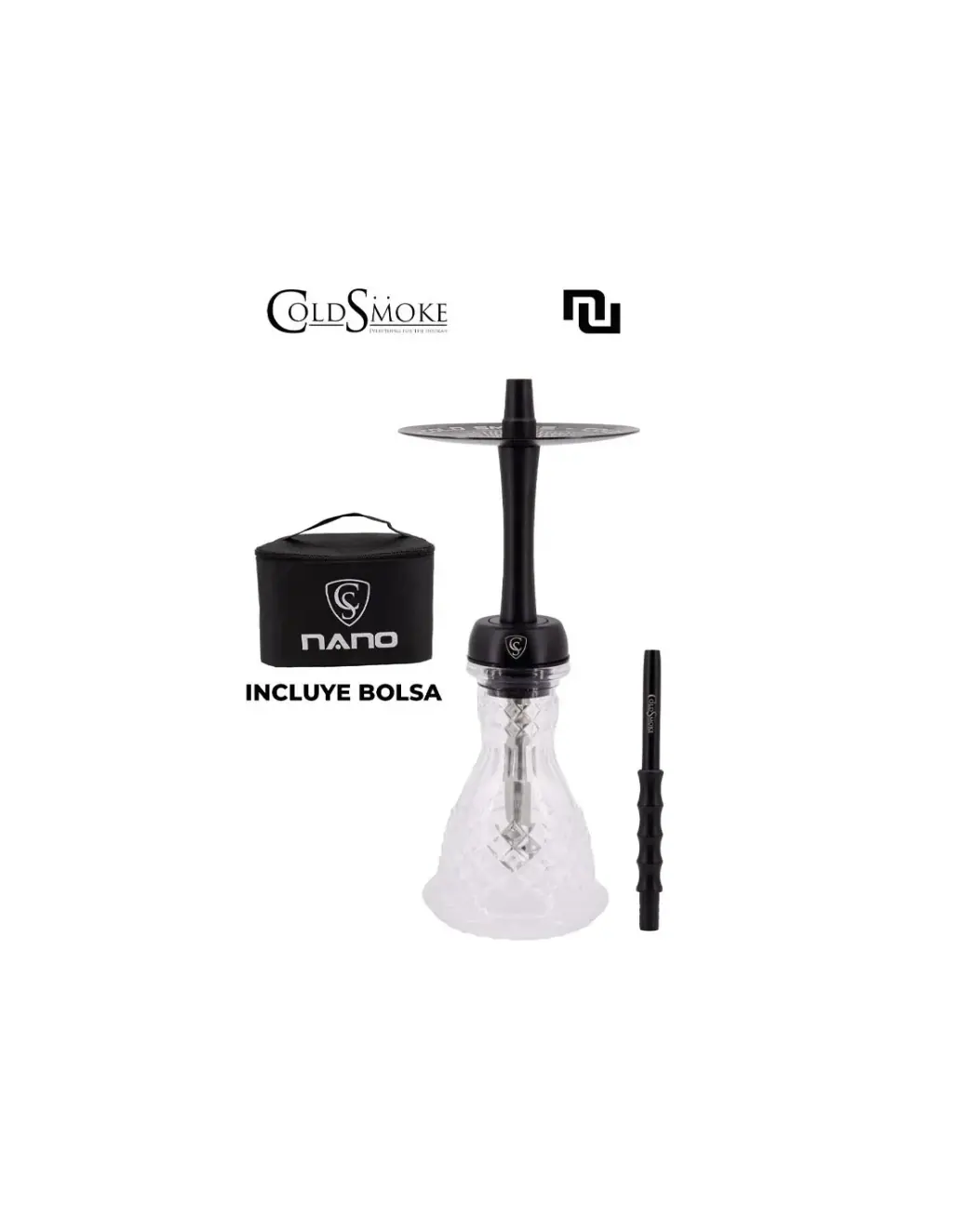 Shisha Cold Smoke Nano Sea Black con cuerpo negro, base transparente tallada, plato superior, boquilla y bolsa de transporte al lado.
