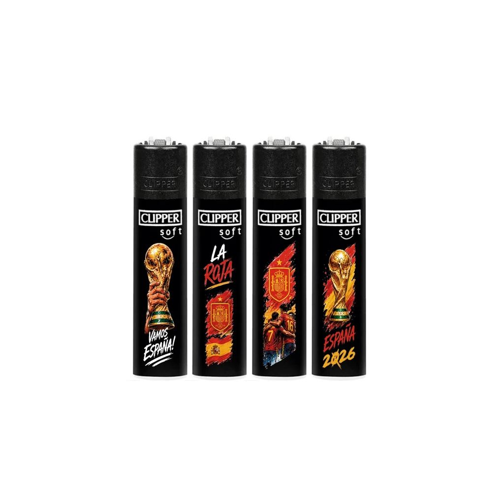 Selección de encendedores Clipper negros con distintos diseños de España: trofeo, escudo, futbolistas y texto España 2026.