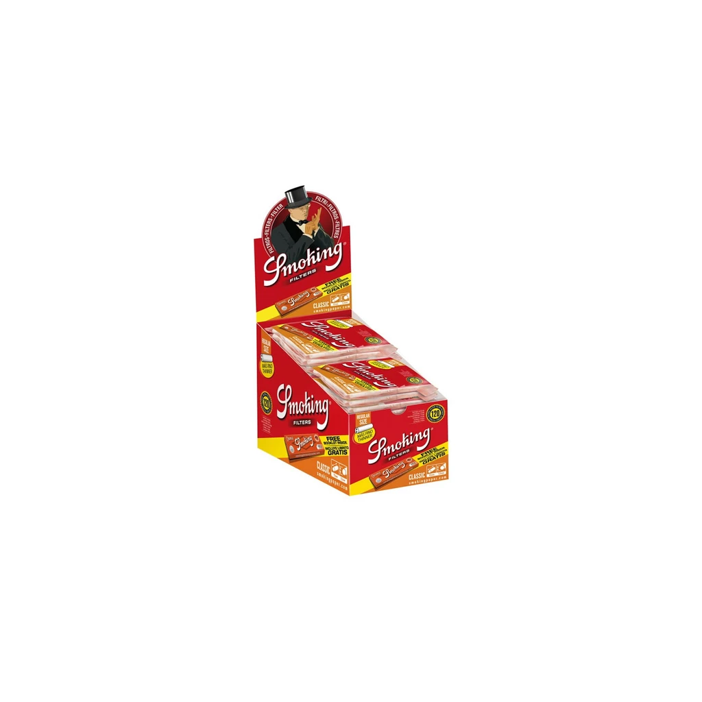 Expositor rojo y amarillo de filtros Smoking Clásic, con varios libritos apilados y el logotipo del hombre con sombrero sobre fondo blanco.
