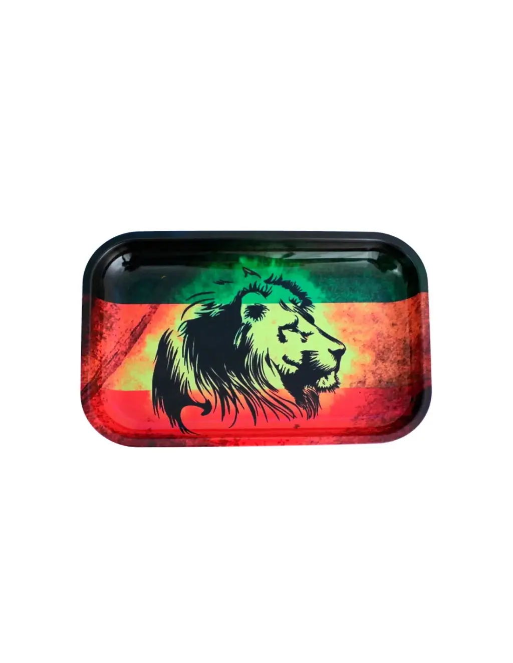 Bandeja rectangular de bordes redondeados con una cabeza de león negra sobre franjas verdes, amarillas y rojas.