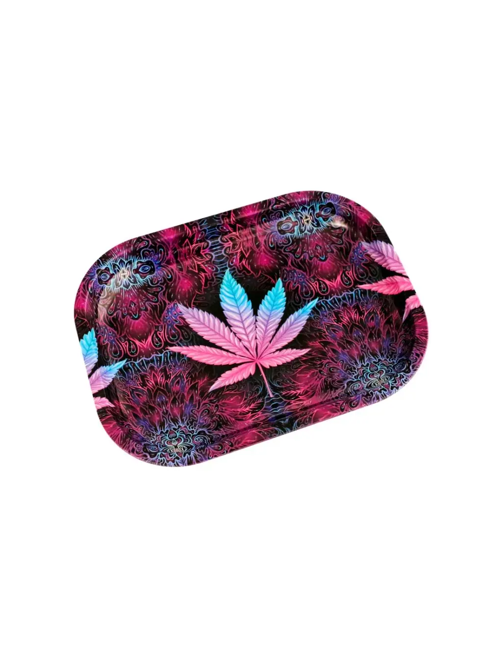 Bandeja para liar de esquinas redondeadas con una hoja de cannabis rosa y azul sobre un estampado de motivos fucsias y negros.