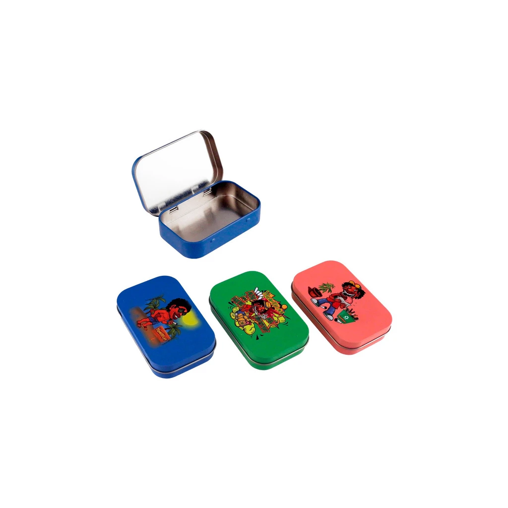 Cajitas metálicas rectangulares con diseños surtidos en azul, verde y rosa, junto a una abierta que muestra el interior.