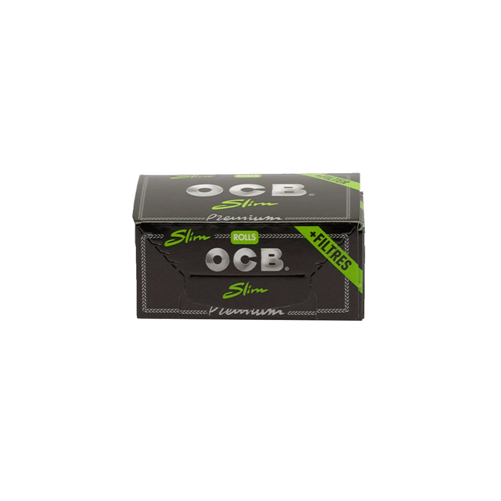 Caja negra de papel OCB Premium Slim Rolls con letras plateadas y verdes y una franja diagonal con el texto «+ Filtres».