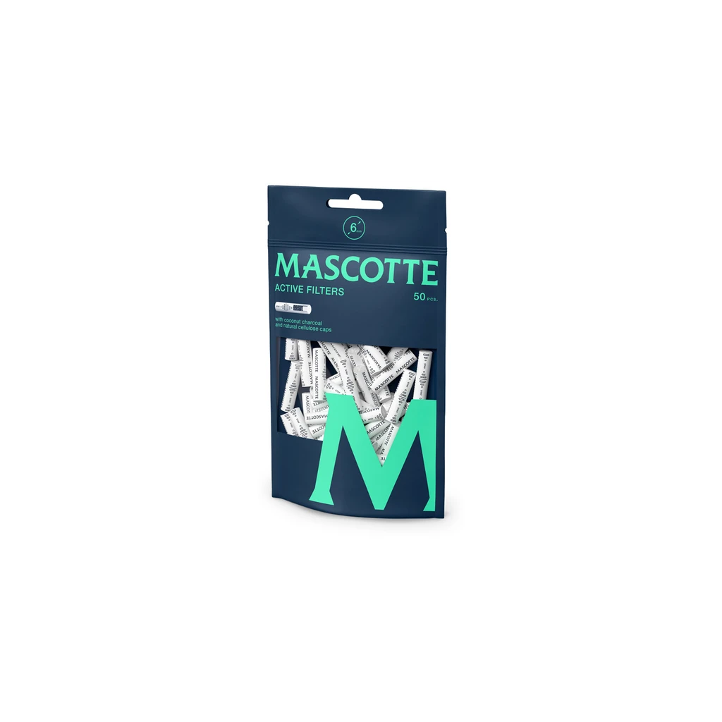 Bolsa azul oscuro de Mascotte Active Filters, con letras verdes, ventana con filtros blancos y etiqueta de 50 unidades.