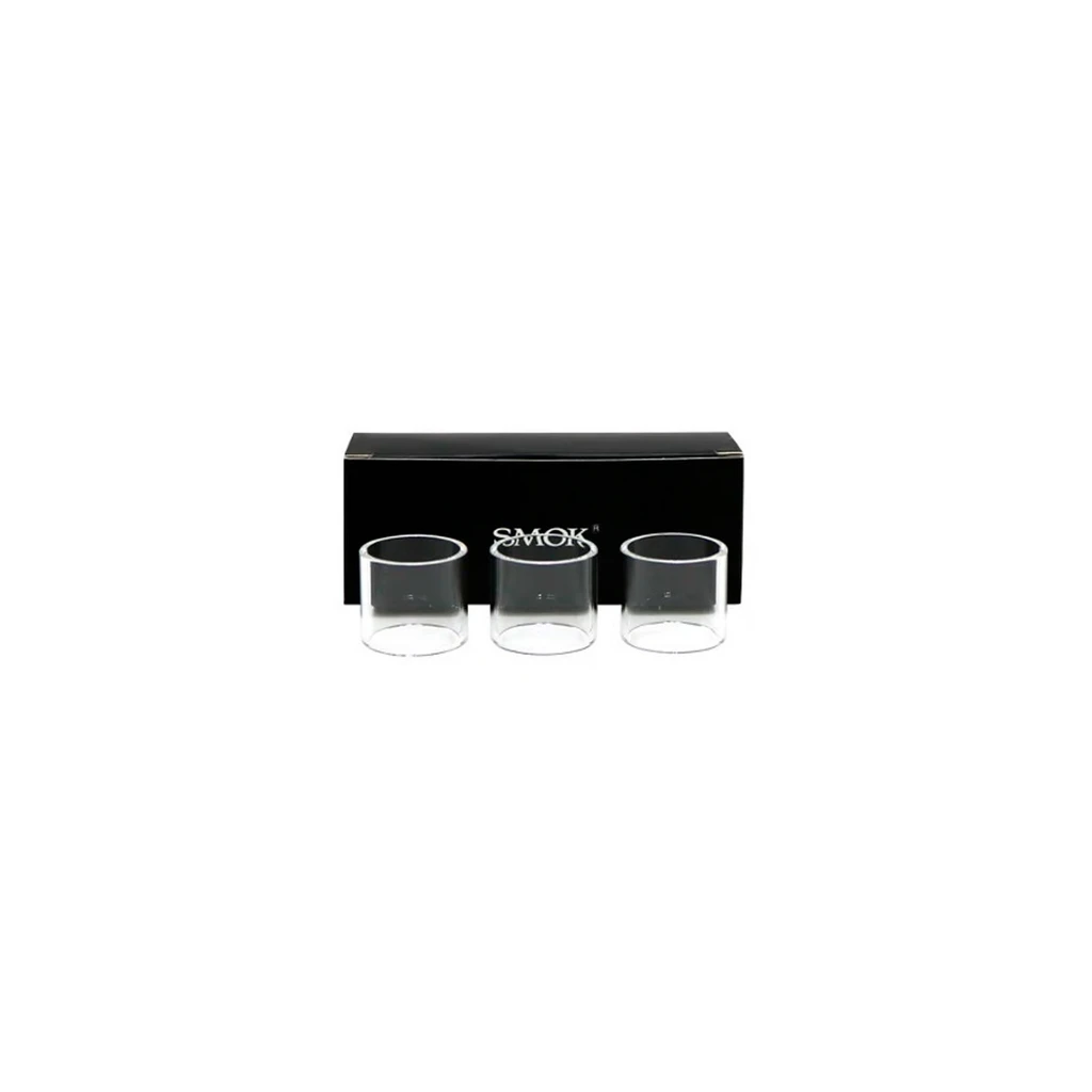 Tubos de recambio Pyrex Smok para Vape Pen V2, transparentes y cilíndricos, alineados delante de una caja negra con el logotipo SMOK.
