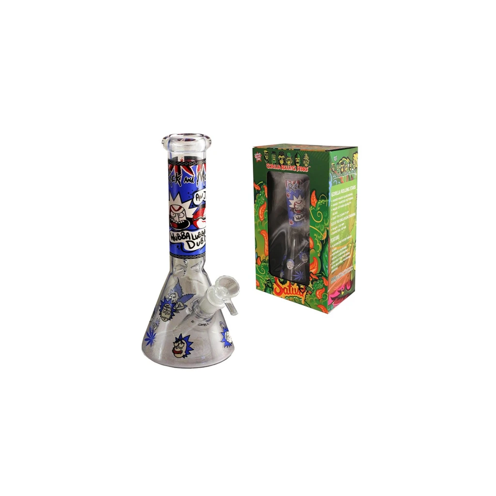 Bong transparente con base cónica, tubo recto y cazoleta lateral inclinada, decorado con dibujos de estilo cómic, junto a su caja verde.