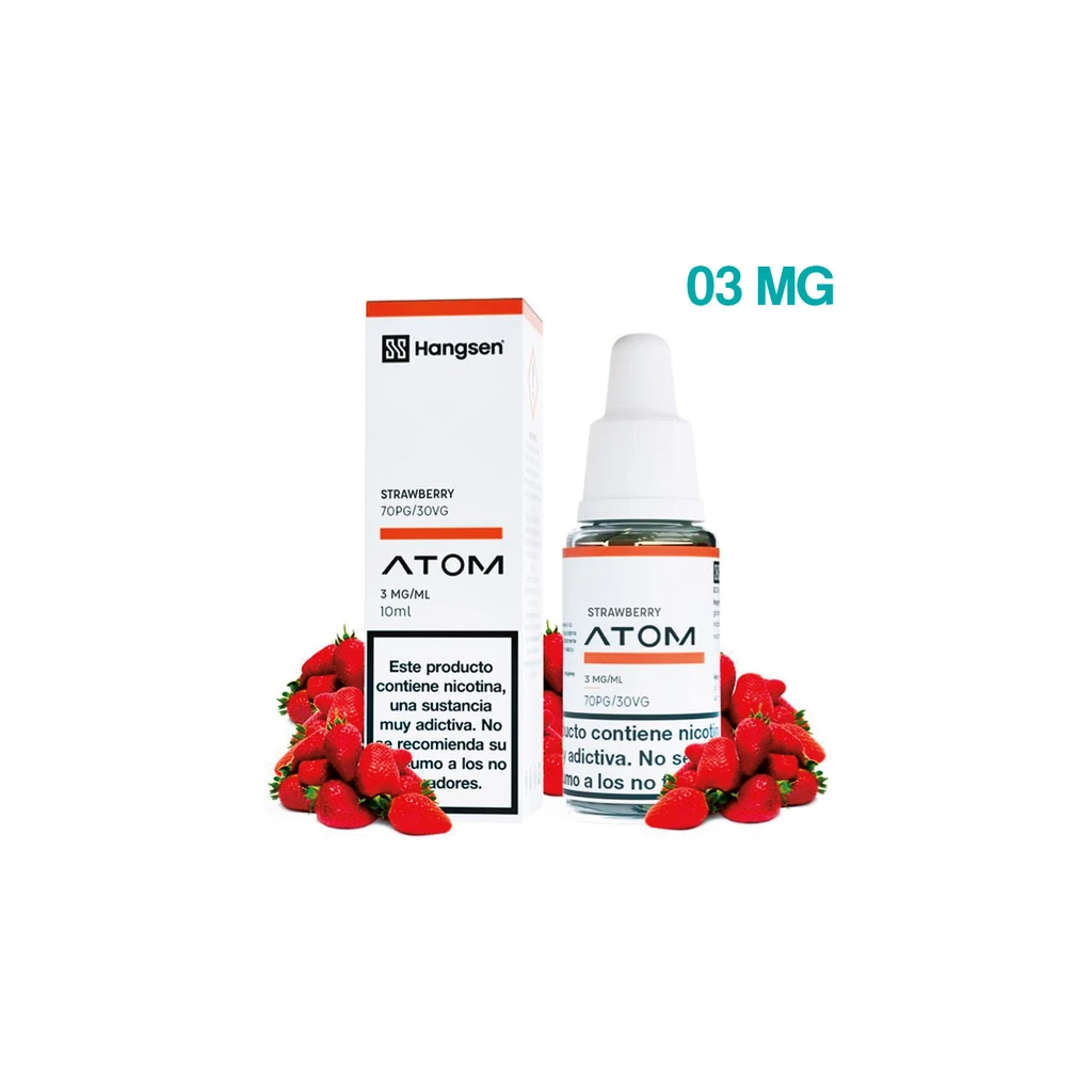 Bote y caja de Hangsen Atom Strawberry de 10 ml, con etiqueta de 3 mg/ml, advertencia sobre nicotina y fresas alrededor.