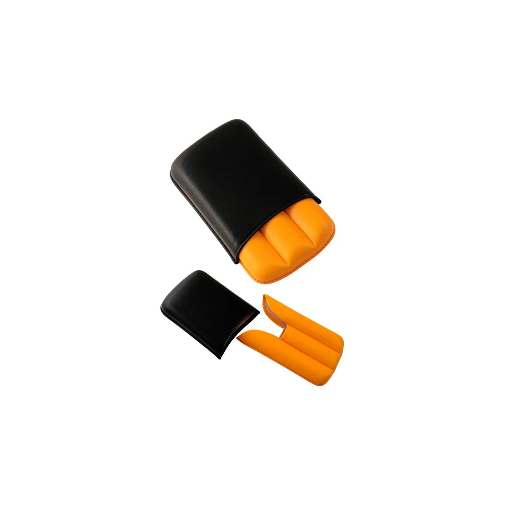 Purera con cubierta negra e interior amarillo anaranjado con compartimentos para puros, mostrada montada y con las piezas separadas.
