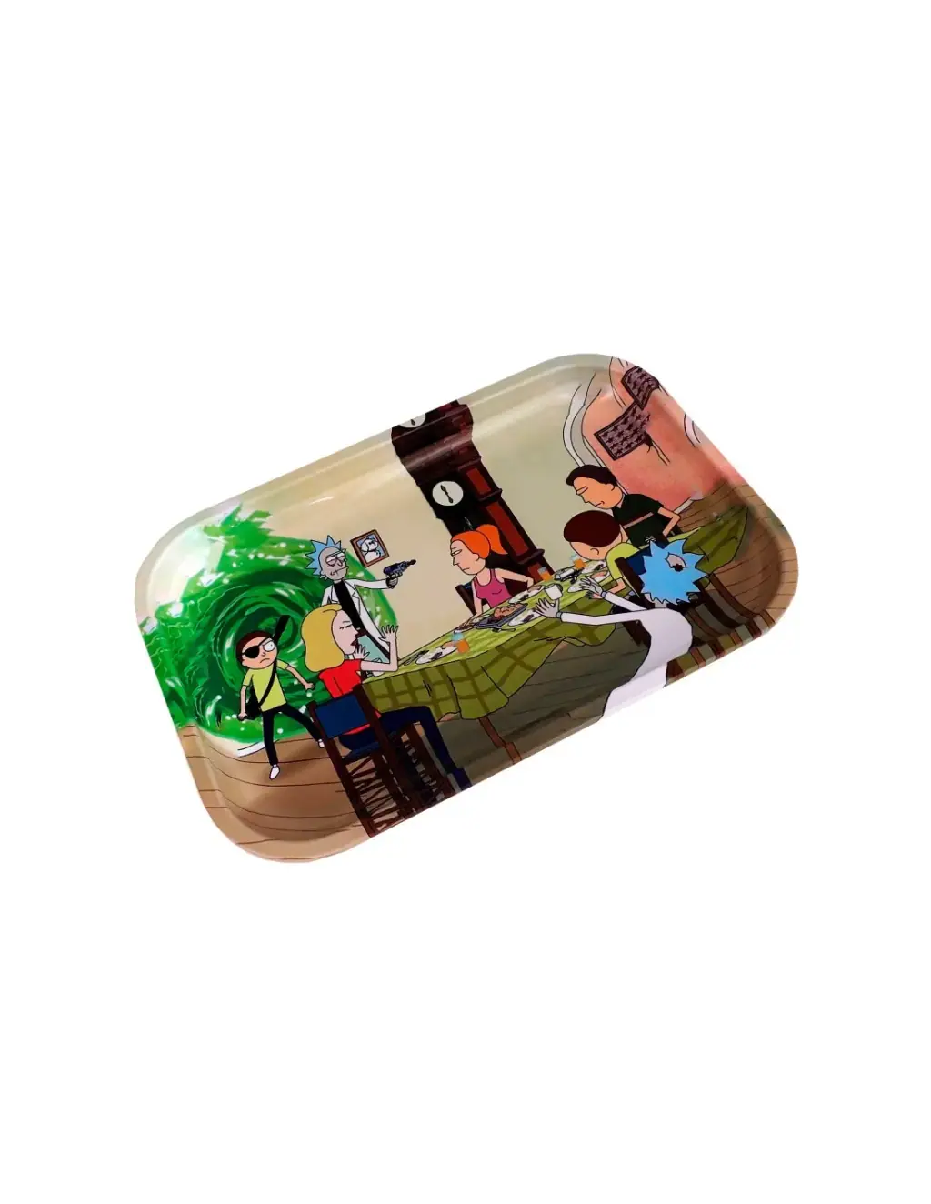 Bandeja para liar con esquinas redondeadas y una escena de Rick y Morty alrededor de una mesa, junto a un portal verde.