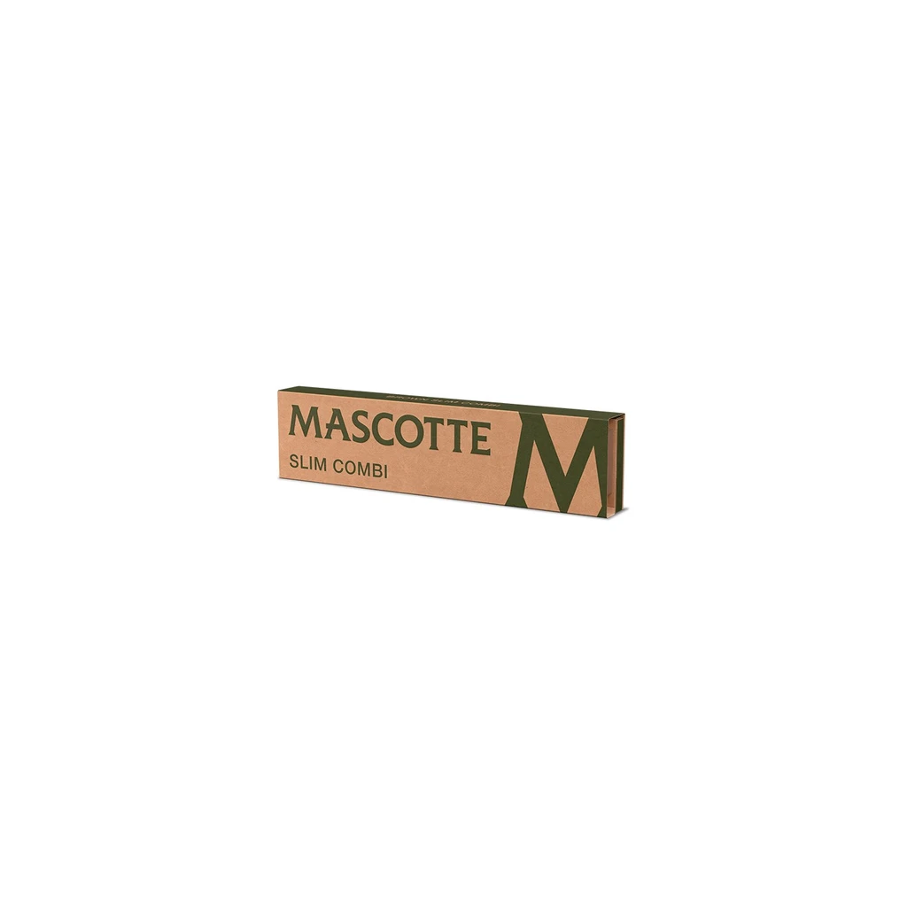 Estuche alargado Mascotte Slim Combi marrón, con letras verdes y una gran M en el extremo derecho, sobre fondo blanco. Estuche alargado Mascotte Slim Combi marrón, con letras verdes y una gran M en el extremo derecho, sobre fondo blanco.