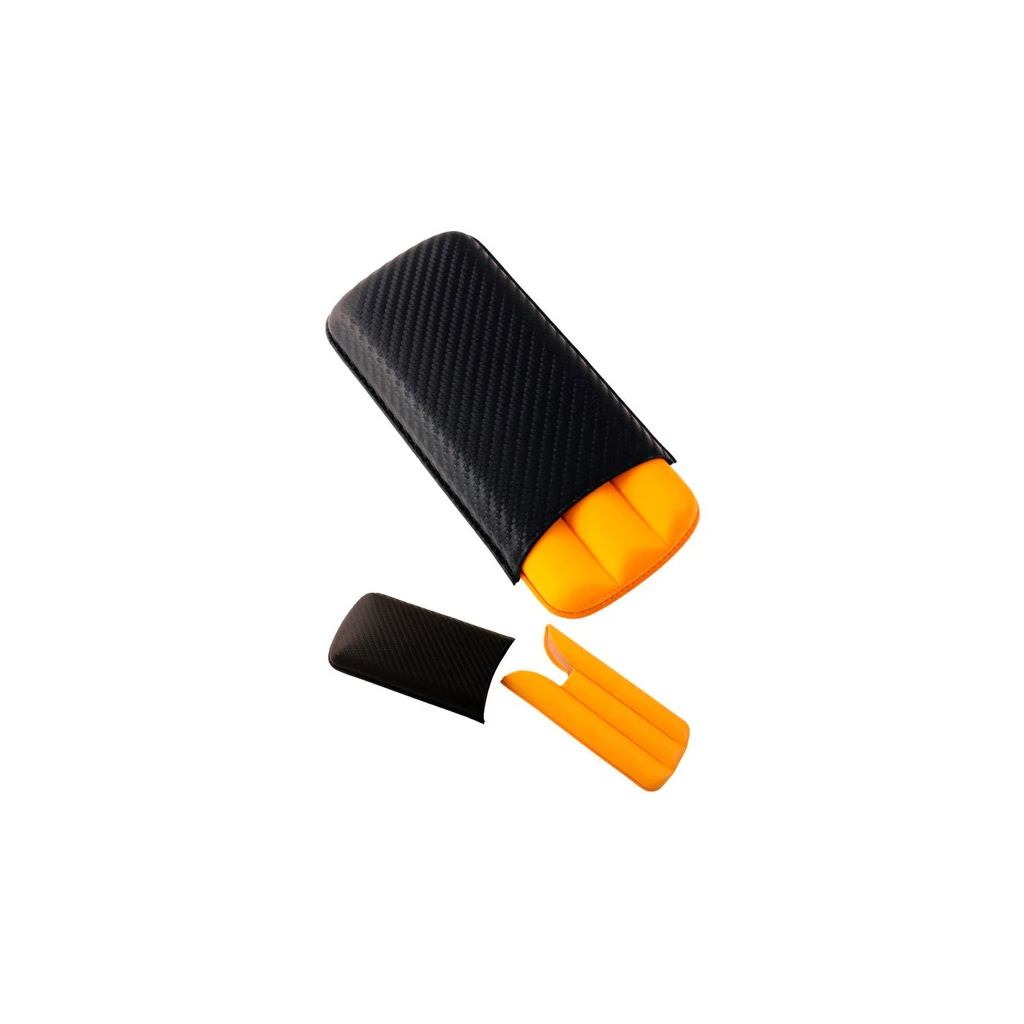 Purera negra con textura de carbono e interior amarillo, mostrada cerrada y abierta con compartimentos para puros.