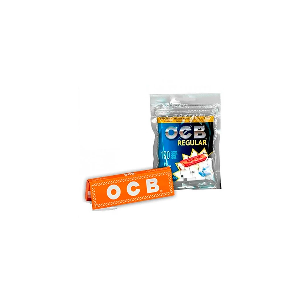 Bolsa plateada de filtros OCB Regular, con filtros blancos visibles, y un librito naranja OCB delante, sobre fondo blanco.