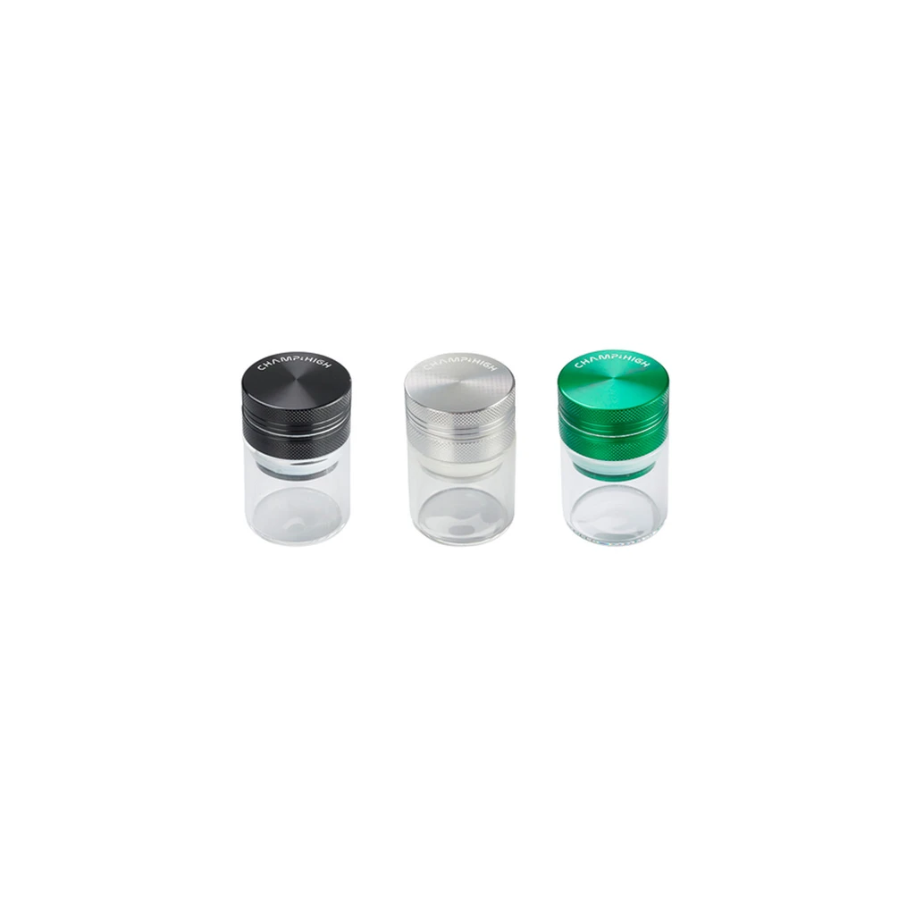 Modelos de grinder con depósito transparente Champ High, alineados sobre fondo blanco, con tapas estriadas en negro, plateado y verde.