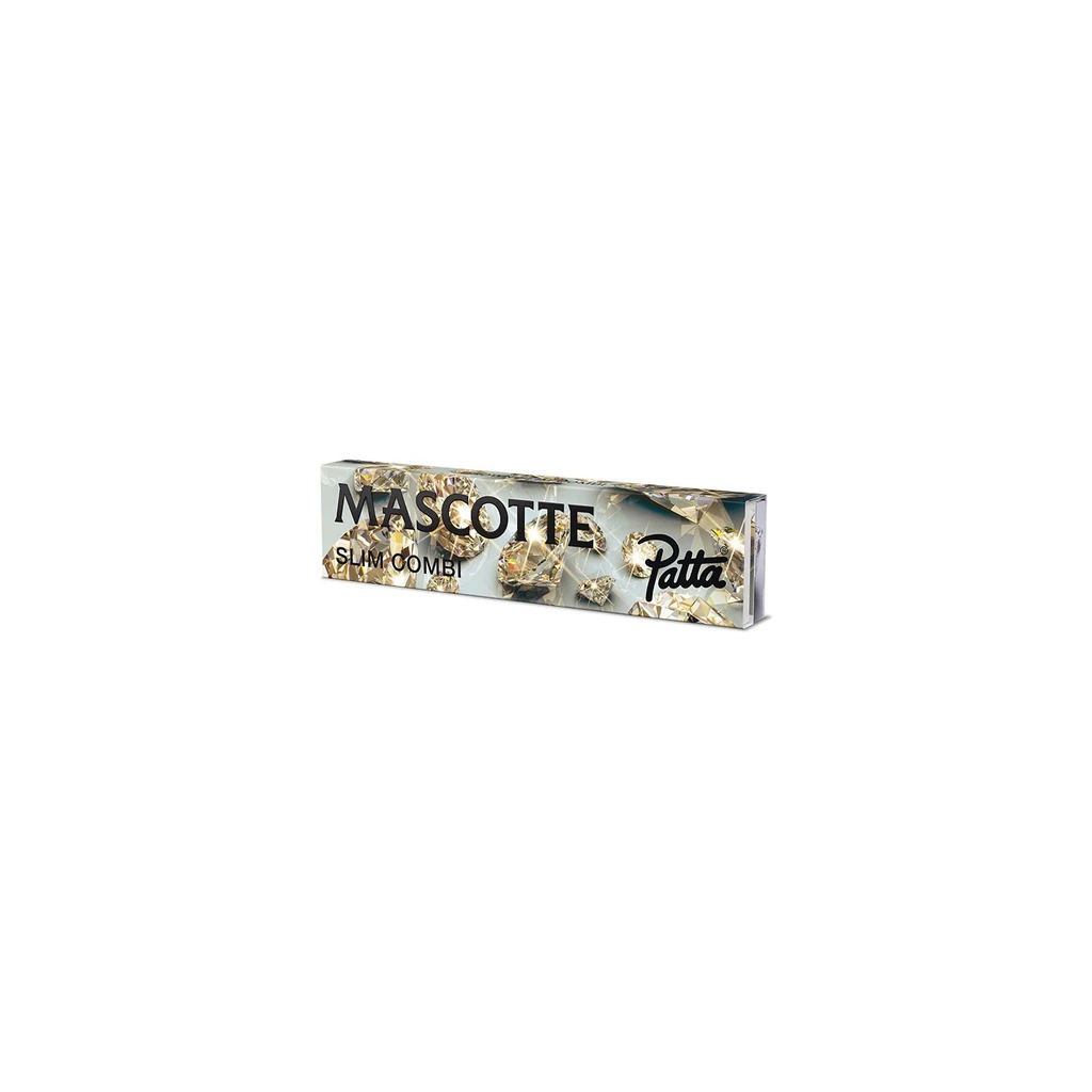 Estuche alargado de papel Mascotte Slim Combi Patta, con diseño de piedras facetadas doradas y logotipos negros sobre fondo blanco.
