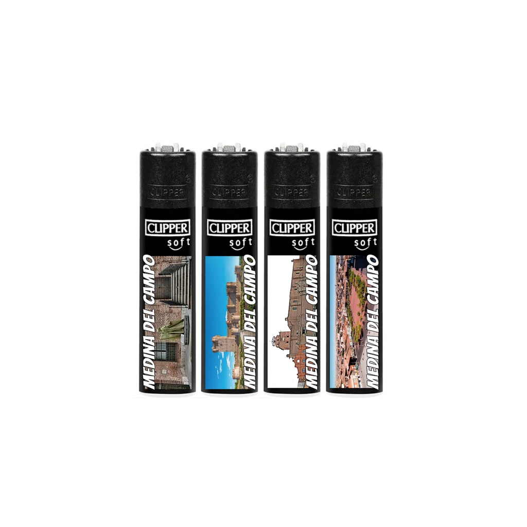 Cuatro diseños de encendedor Clipper negro con distintas vistas de edificios y el texto vertical «Medina del Campo».