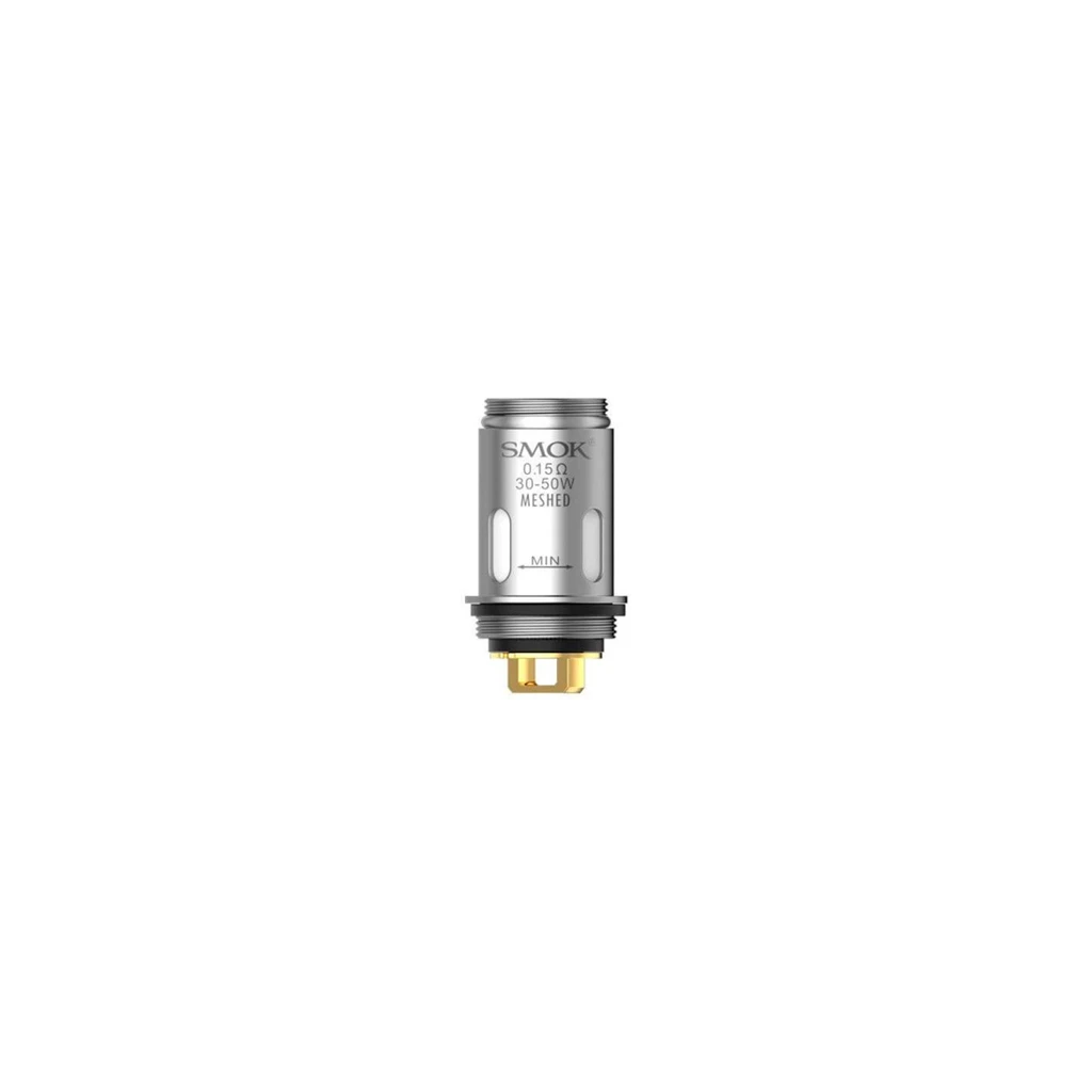 Resistencia cilíndrica SMOK con roscas, aberturas laterales y contacto dorado; lleva grabado 0,15 Ω, 30–50 W y MESHED.