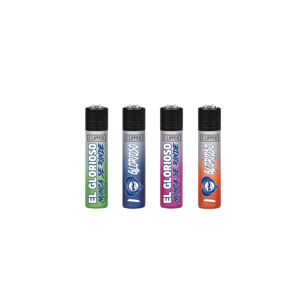 Selección de encendedores Clipper El Glorioso con tapas negras y diseños en verde, azul, rosa y naranja, sobre fondo blanco.