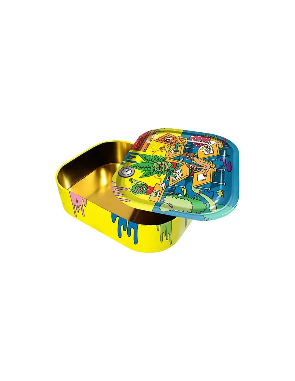 Caja metálica amarilla abierta, con interior dorado y tapa bandeja desplazada con dibujos multicolores de personajes y hojas.