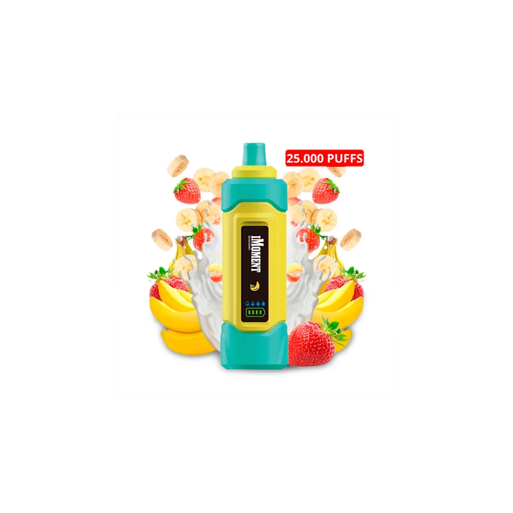 Pod Imoment amarillo y turquesa rodeado de fresas, plátanos y salpicaduras blancas, con el rótulo «25.000 PUFFS».