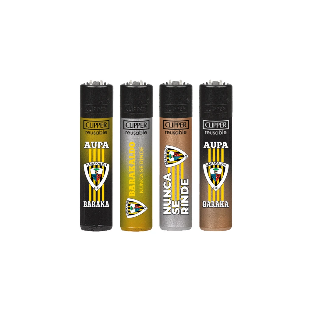 Selección de encendedores Clipper del Barakaldo con distintos fondos, escudos y diseños con los lemas «Aupa Baraka» y «Nunca se rinde».