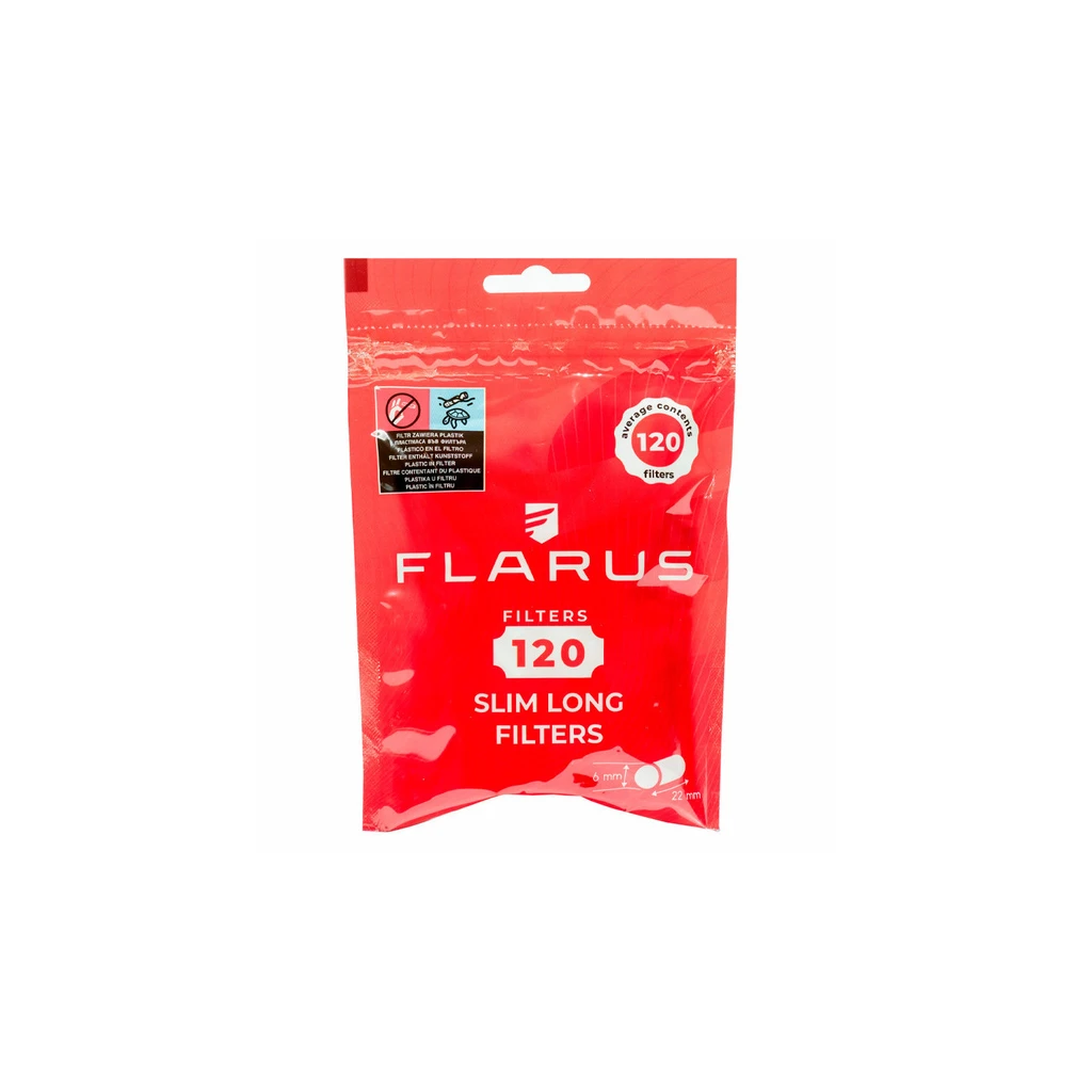 Bolsa roja de filtros Flarus sobre fondo blanco, con las inscripciones «120» y «Slim Long Filters» en el frontal.