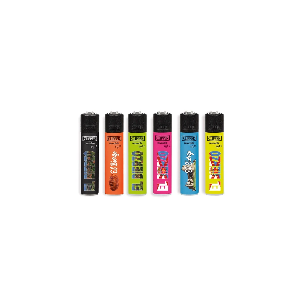 Selección de encendedores Clipper El Bierzo alineados, con cuerpos de distintos colores, inscripciones y motivos locales.