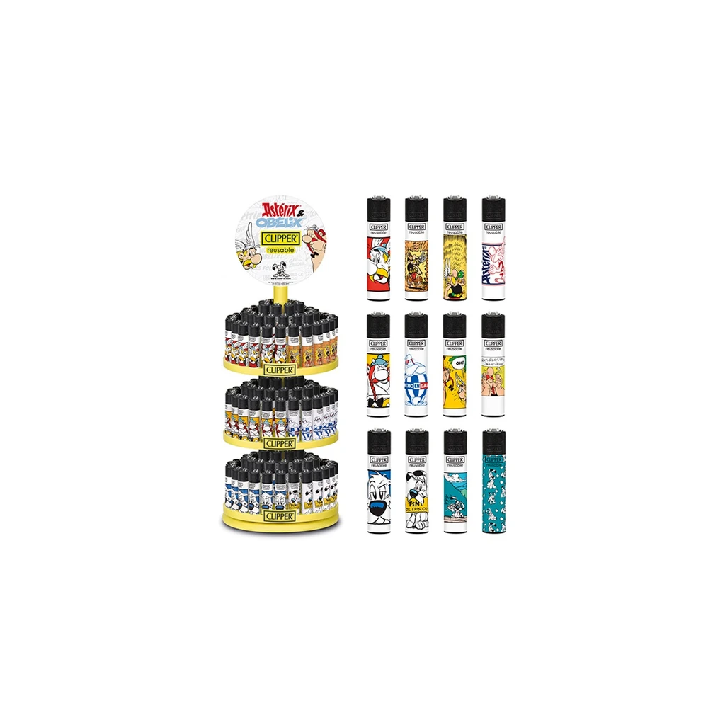 Carrusel de encendedores Clipper con diseños de Astérix y Obélix, junto a una selección de modelos decorados sobre fondo blanco.