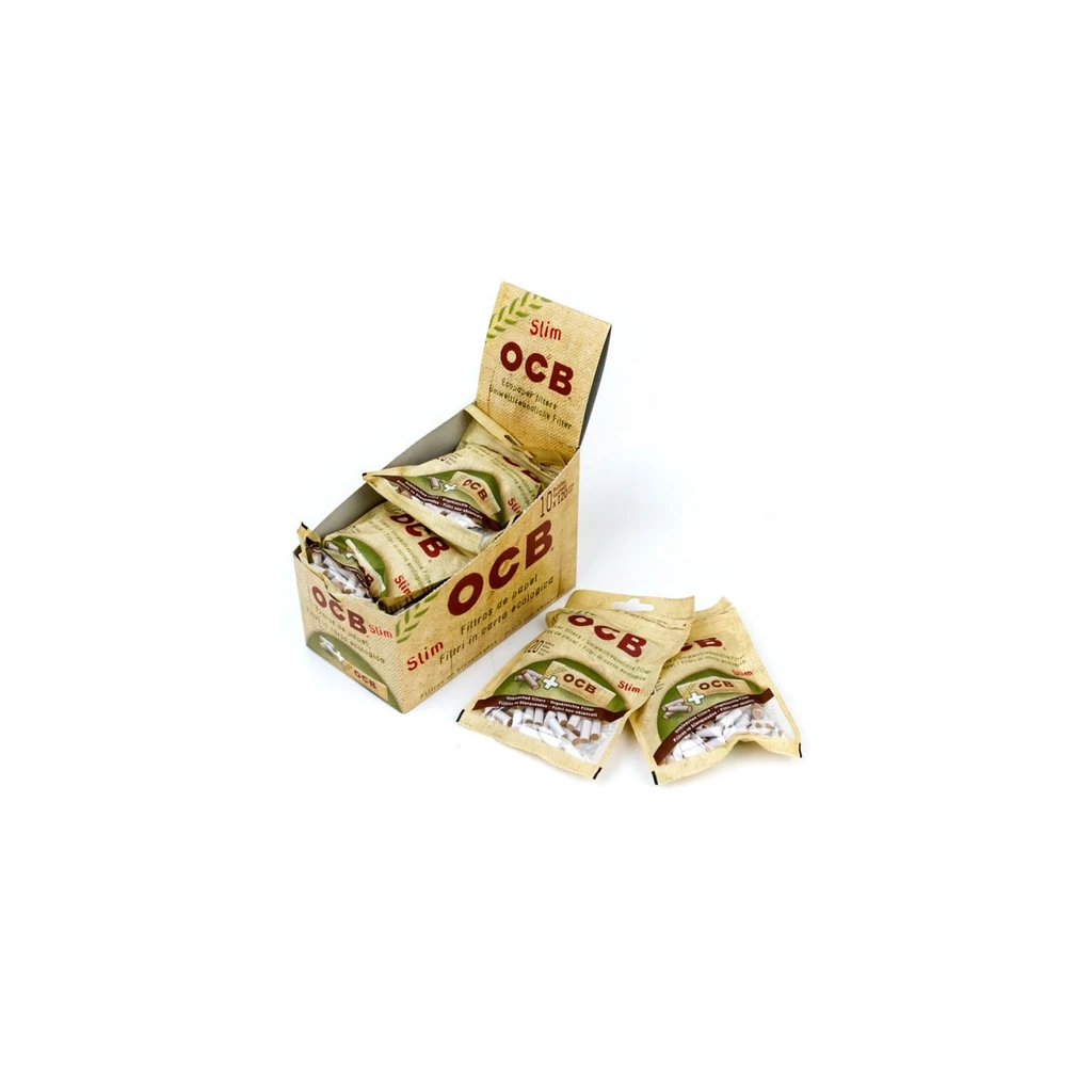 Caja expositora de filtros OCB Orgánico Slim con varias bolsas beige dentro y otras delante, sobre fondo blanco.