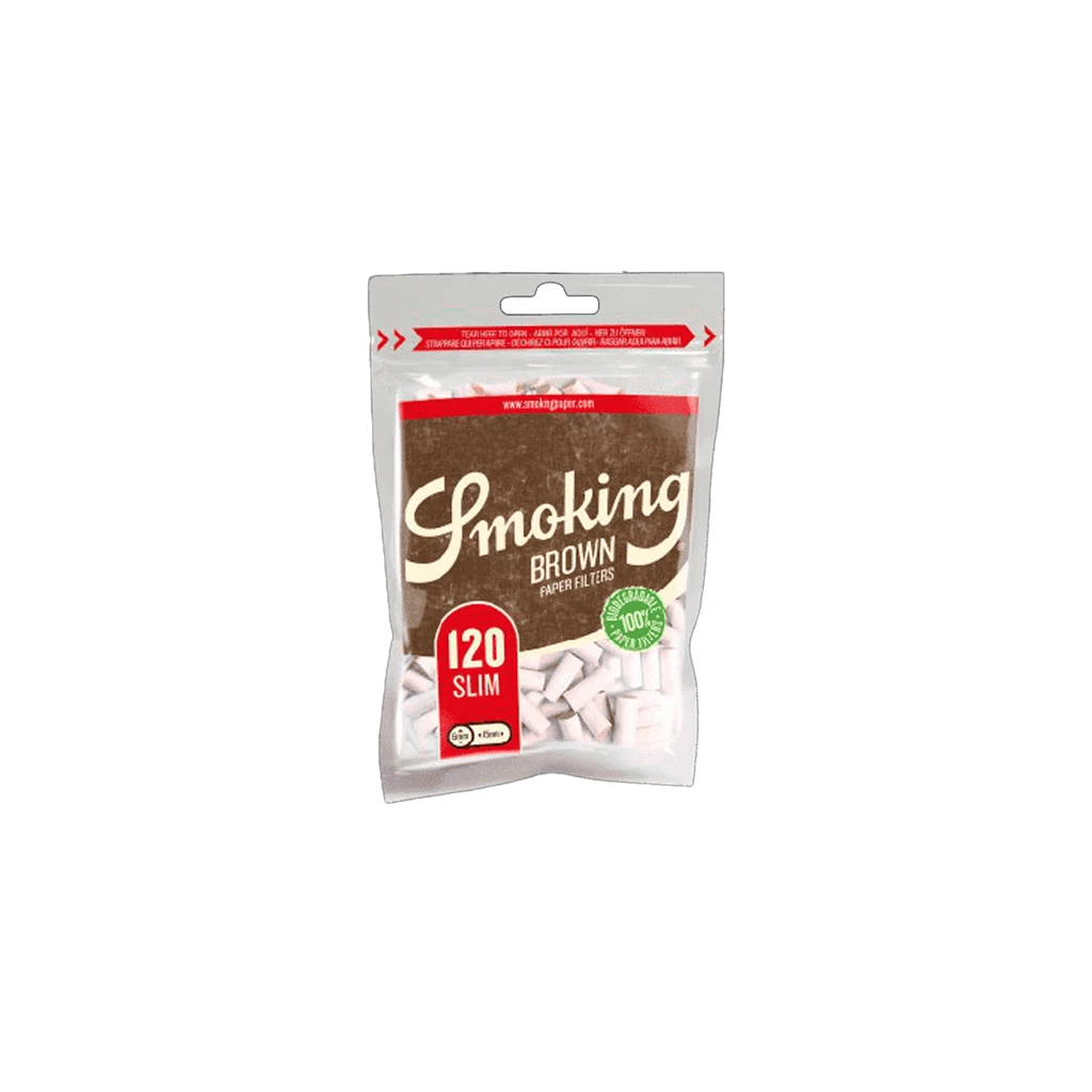 Bolsa de filtros Smoking Brown con etiqueta marrón, distintivo rojo de 120 Slim y filtros blancos visibles en la parte inferior.