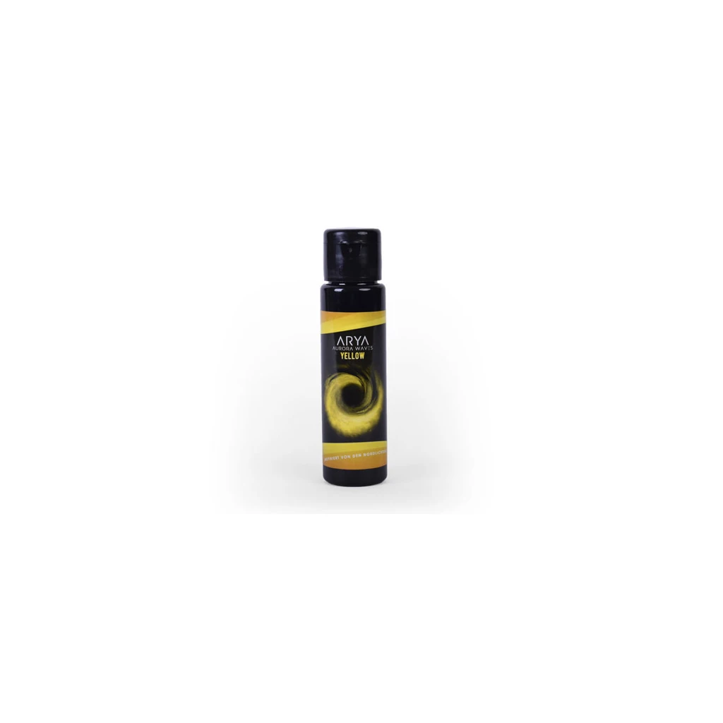 Bote negro de tinte para cachimba ARYA Aurora Waves Yellow, con tapón negro y etiqueta con un remolino amarillo, sobre fondo blanco.