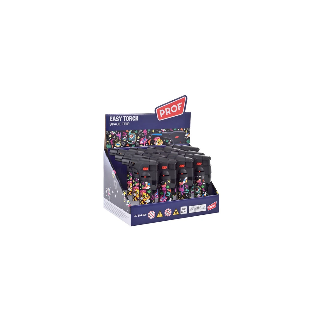 Expositor de encendedores Prof Space Trip Easy Torch con cabezales negros, botones rojos y estampados multicolores de temática espacial.