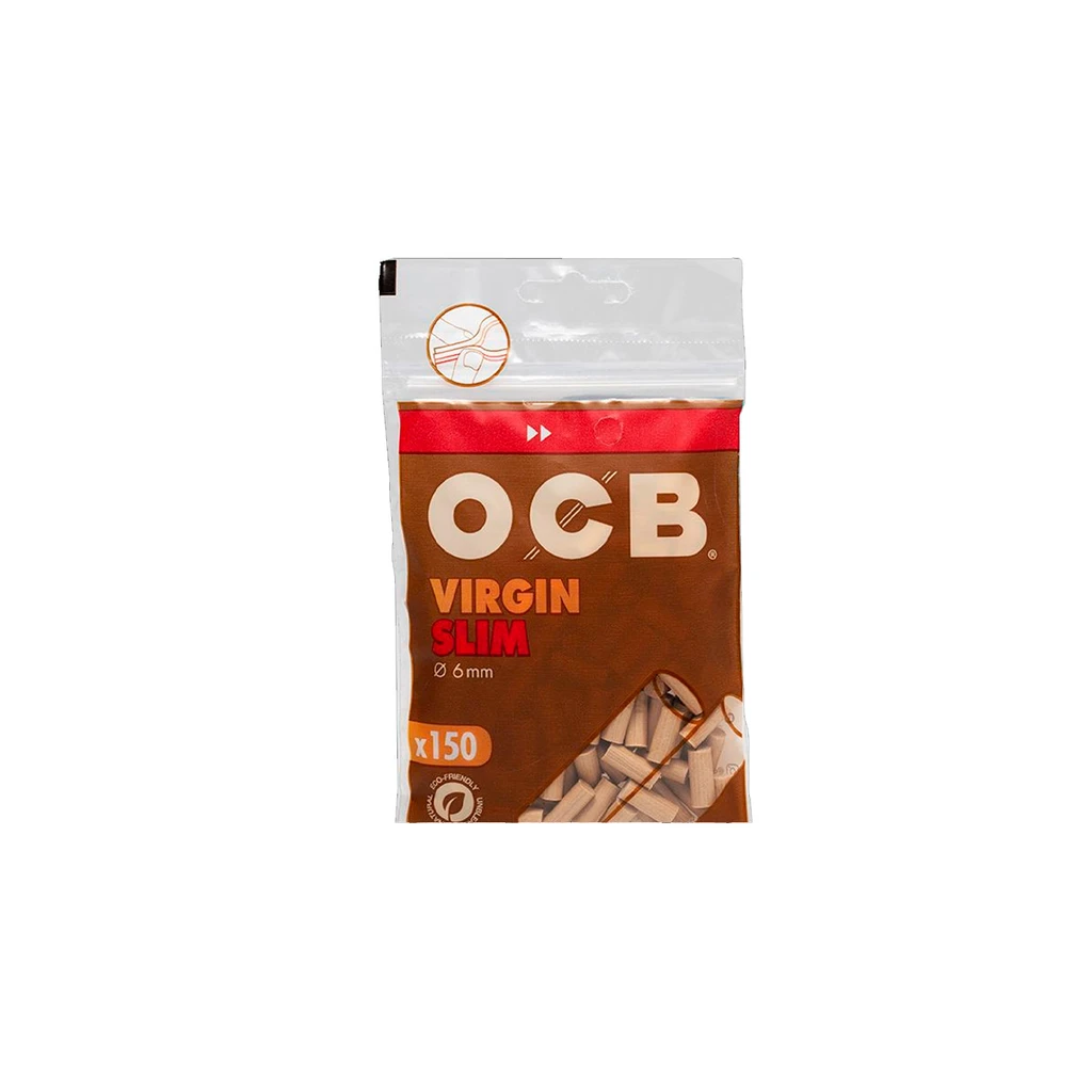 Bolsa marrón y blanca de filtros OCB Virgin Slim, rotulada con 6 mm y 150 unidades, con filtros visibles por una ventana inferior.