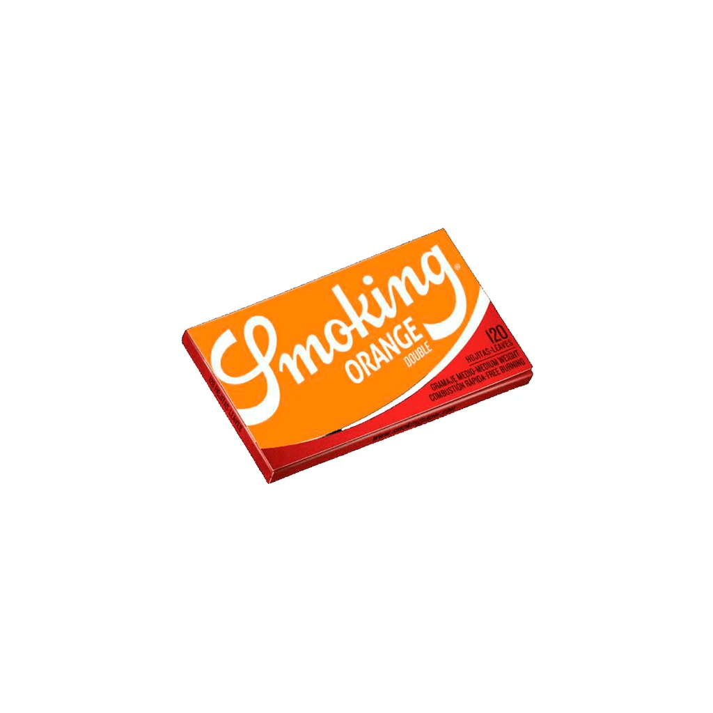 Librillo de papel Smoking Orange Double, con cubierta naranja y roja y letras blancas, visto en diagonal sobre fondo blanco.