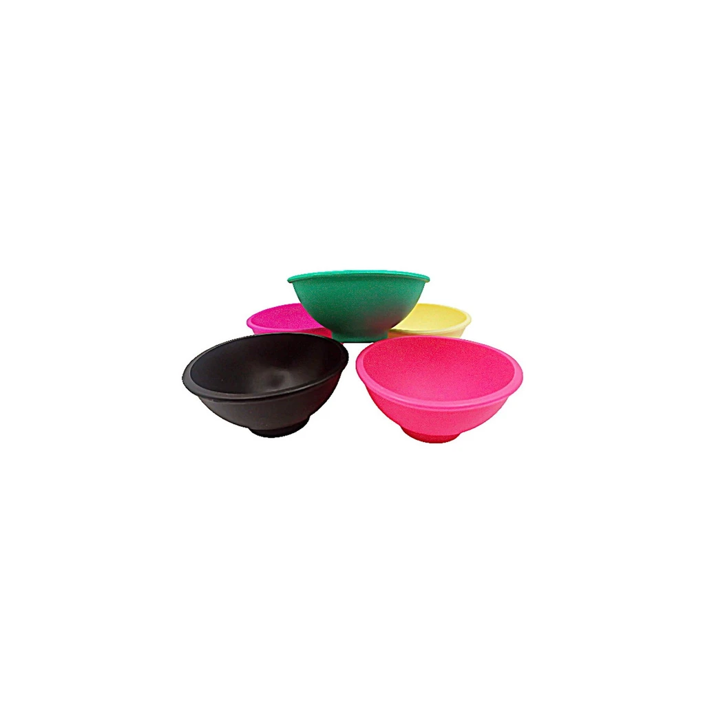 Cuencos de silicona en colores surtidos, con modelos negros, rosas, verdes y amarillos agrupados sobre fondo blanco.