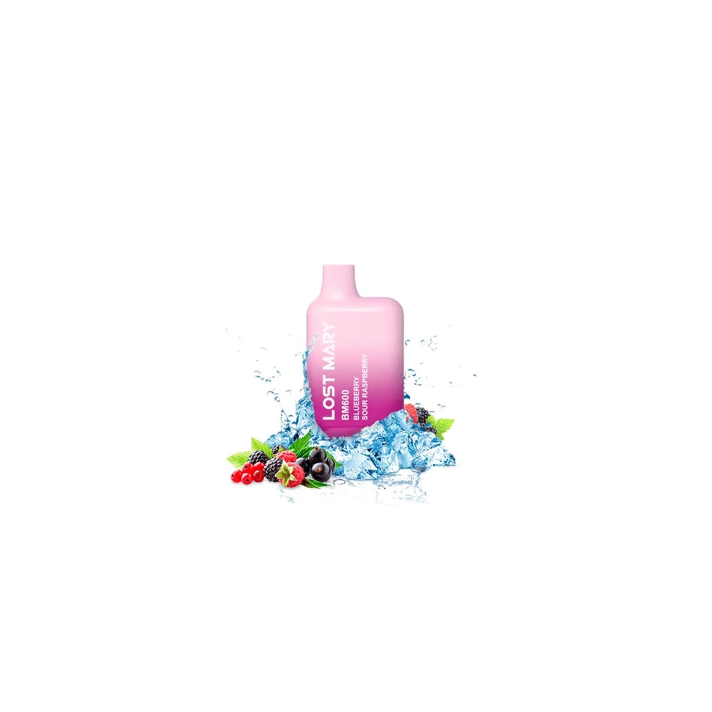 Pod Lost Mary BM600 rosa con texto Blueberry Sour Raspberry, rodeado de hielo, salpicaduras y frutos rojos sobre fondo blanco.