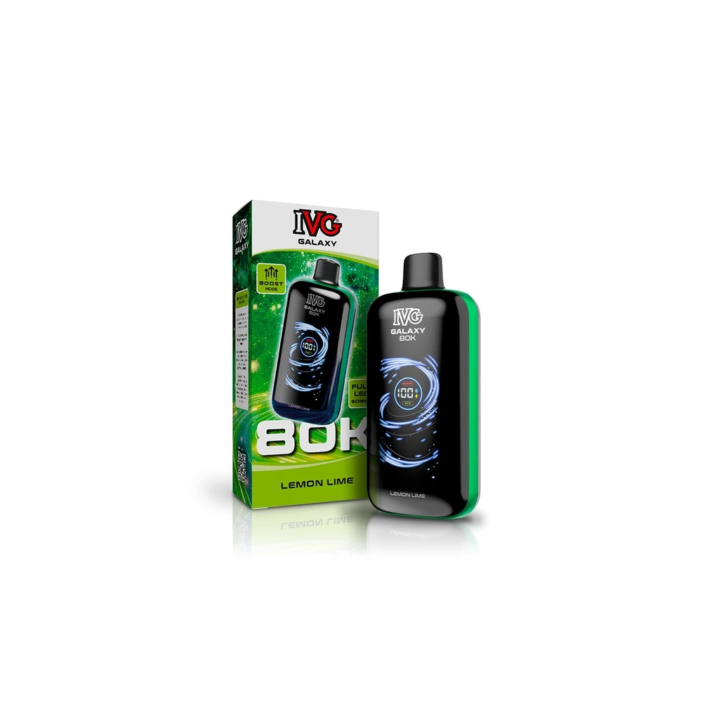 Vapeador IVG Galaxy 80K Lemon Lime negro con bordes verdes, junto a su caja con diseño verde y la inscripción 80K.