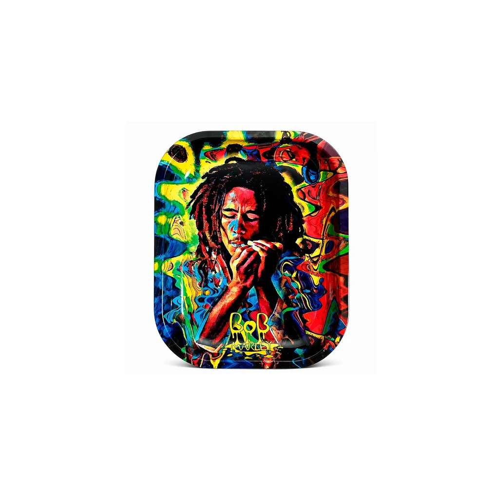 Bandeja rectangular de esquinas redondeadas con retrato multicolor de Bob Marley y fondo abstracto rojo, amarillo, verde y azul.