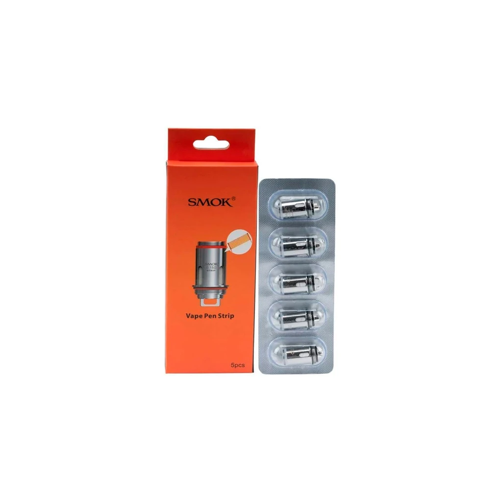 Caja naranja SMOK con el texto «Vape Pen Strip» junto a un blíster de resistencias metálicas sobre fondo blanco.