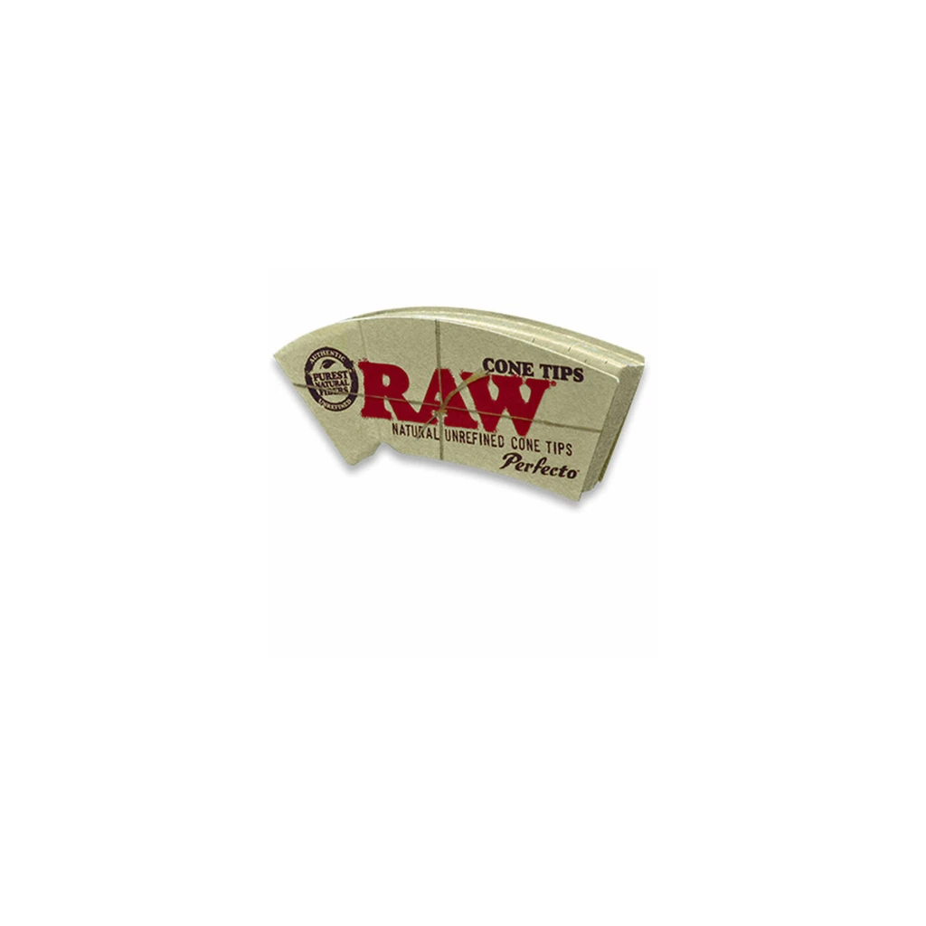 Librillo de boquillas RAW Perfecto Cone Tips, de tono beige y forma curva, con logotipo rojo sobre fondo blanco.