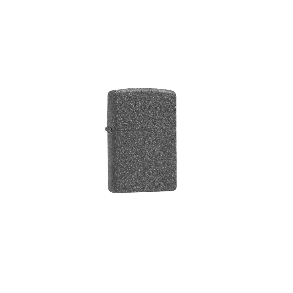 Encendedor Zippo Regular Iron Stone cerrado, de color gris oscuro con acabado granulado y esquinas redondeadas, sobre fondo blanco.