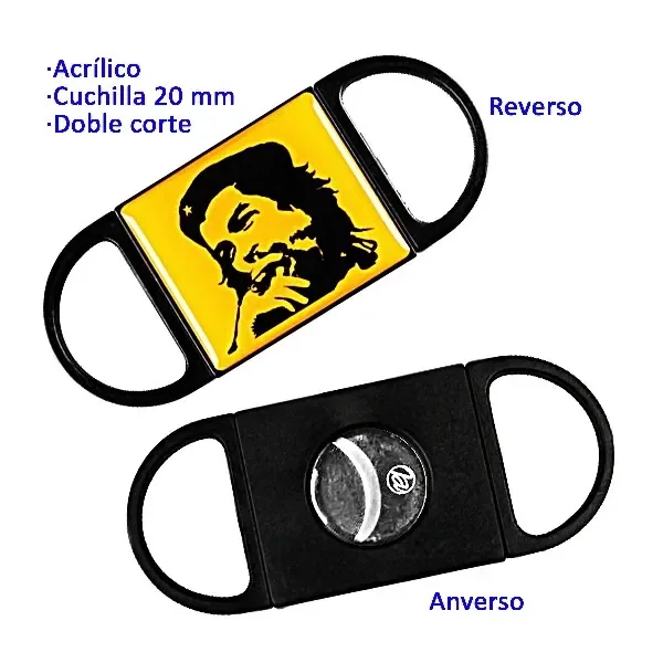 Cortapuros Che mostrado por ambas caras, con asas negras, panel amarillo con retrato y abertura circular de corte.