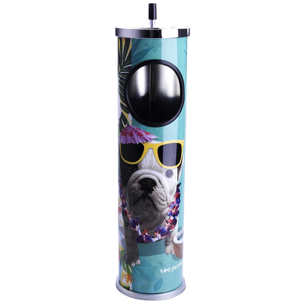 Cenicero de pie Teo Jasmin cilíndrico, turquesa, con abertura negra y un perro con gafas amarillas y collar de flores.