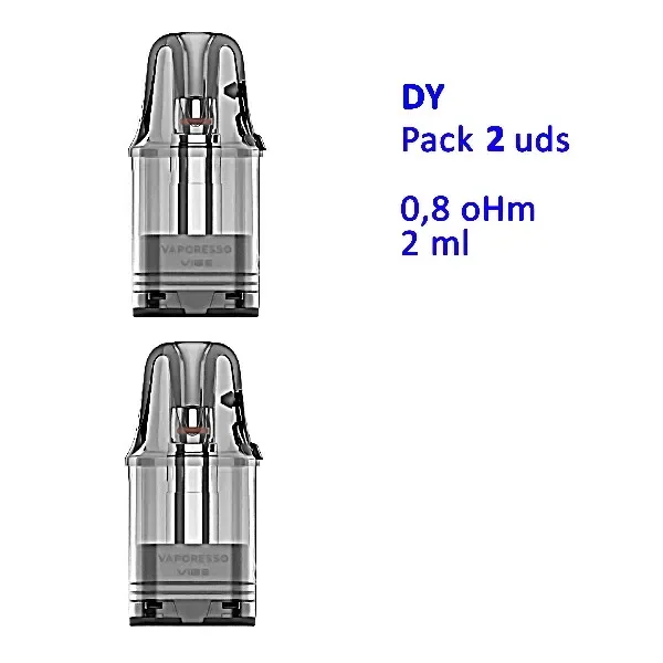 Pods Vibe Se 2 Top Fill transparentes con boquilla oscura, junto al texto «Pack 2 uds», «0,8 oHm» y «2 ml». Pods Vibe Se 2 Top Fill transparentes con boquilla oscura, junto al texto «Pack 2 uds», «0,8 oHm» y «2 ml».
