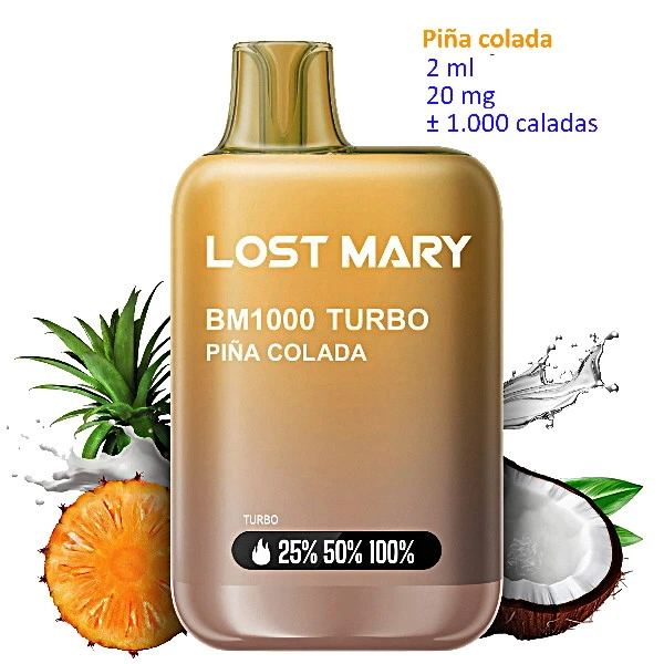 Vaper Lost Mary BM1000 TURBO Piña Colada de 20 mg, dorado y con boquilla superior, junto a una rodaja de piña y medio coco sobre fondo blanco.