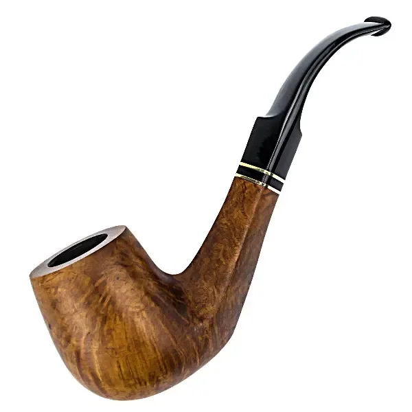Pipa Jean Claude de madera marrón veteada, con cazoleta redondeada, boquilla negra larga y curva y aros decorativos en la unión.