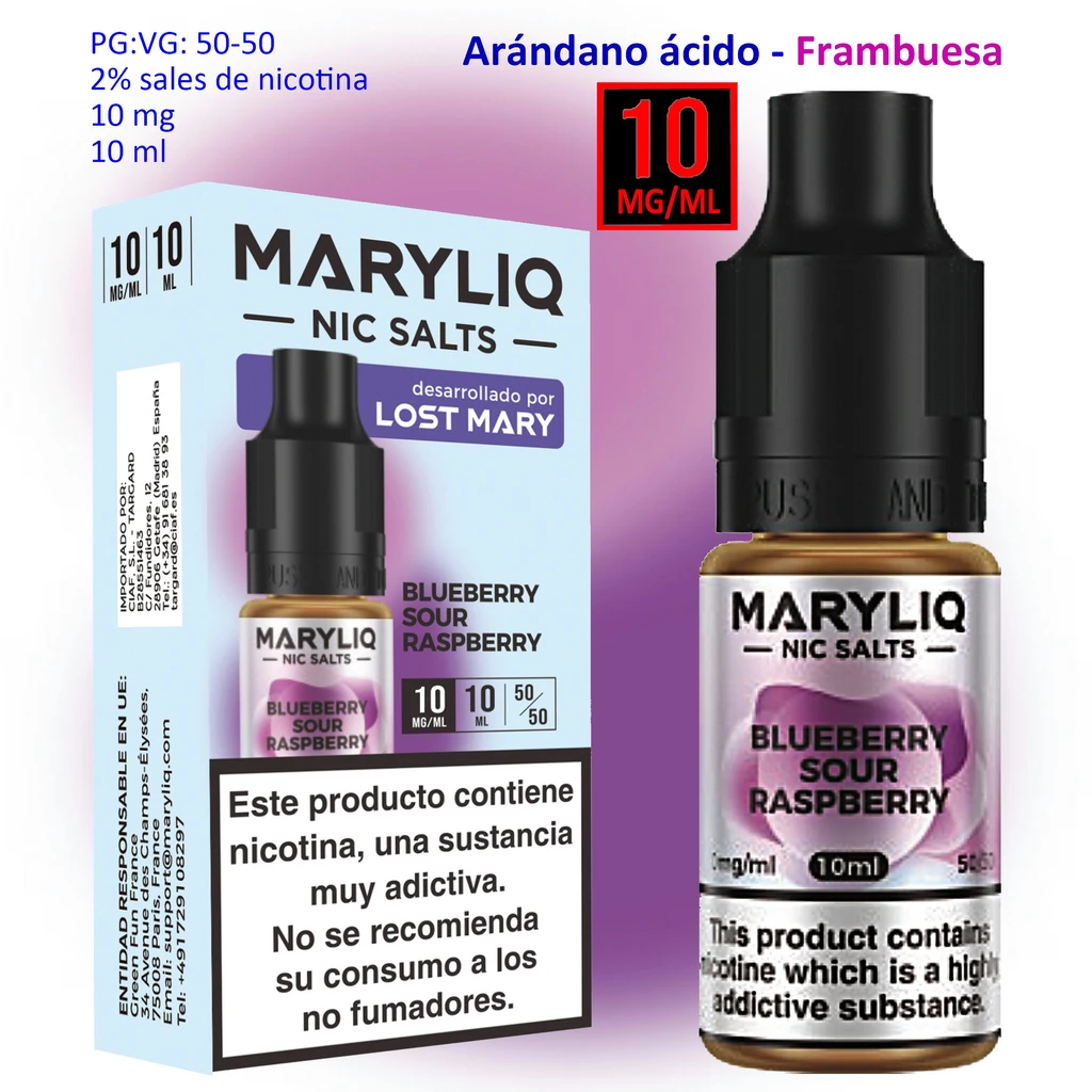 Frasco y caja MARYLIQ Blueberry Sour Raspberry con etiquetas de 10 mg/ml y 10 ml, tonos violetas y advertencias sobre la nicotina.